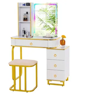 COSTWAY Schminktisch, mit 14 dimmbaren LED-Leuchten, USB-Anschluss, Hocker weiß