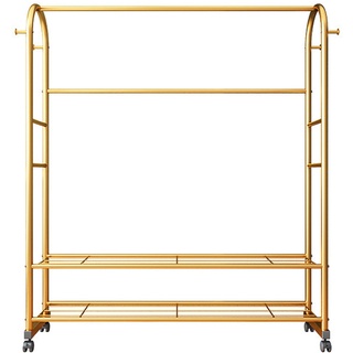 Goldfarbener Kleiderständer mit Rad und 4 seitlichen Haken, freistehender freistehender Garderobenständer mit 2-stöckigem Regal für Wäsche und Schlafzimmer (Größe: 150 cm)