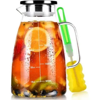 LuxusKollektion Wasserkaraffe Glaskaraffe 2 Liter mit Edelstahldeckel und Borosilikatglas weiß