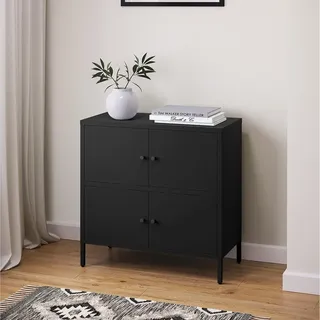 skølm Atriona Kommode 80 cm, mit 2 Fächern, Schwarz, Sideboard mit 4 Türen | Metallschrank, Kleiner Mehrzweckschrank breit, höhenverstellbare Füße, Aufbewahrungsschrank, Wohnzimmerschrank, Flurschrank