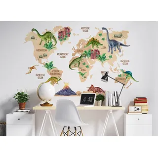 Osomhome Dino Wandtattoo Weltkarte Dinosaurier (160x100cm) | World Map Wall Decoration Wandsticker | Dino Deco Kinderzimmer Junge & Mädchen | Wandaufkleber Wandbild Kinderbilder os5076