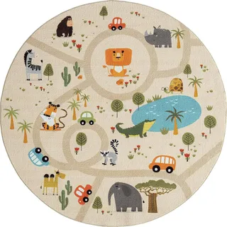 Mia ́s Teppiche Joy Kids - Kinderzimmer, Kinderteppich, Spielteppich, Straßenteppich, Dschungel, Straße, Tiere, Beige, 160 cm Rund