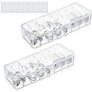2 Stück Kabel Organizer Box mit Deckel, 8 verstellbare Fächer Kabel Aufbewahrungsbox mit 20 kabelbinder, Transparente Staubdichte Ladekabel Aufbewahrung für Schreibtisch, Kosmetik, Schmuck