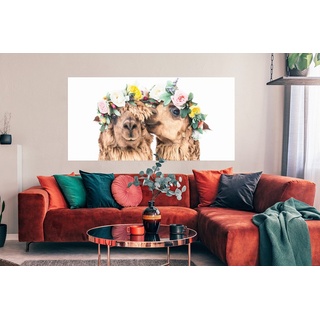 MuchoWow Poster Alpaka - Blumen - Tiere - Natur, (1 St), Bild für Wohnzimmer, Schlafzimmer, Wandposter, Ohne Rahmen, Wanddeko bunt Rechteckig - 150 cm x 75 cm