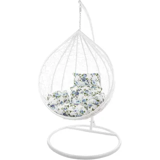 KIDEO Komplettset: großer Hängesessel mit Gestell & Kissen, Korbsessel, Poly-Rattan (Korb & Gestell: weiß, Kissen: Blumenmuster Nest (1078_icerose))