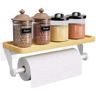 SWTYMIKI Küchenrollenhalter Ohne Bohren - Papierrollenhalter mit Holz Gewürzregal, Küchenregal Wand, Halter Küchenrolle für Badzimmer und Küche Aufbewahrung & Organisation, Edelstahl, Weiß