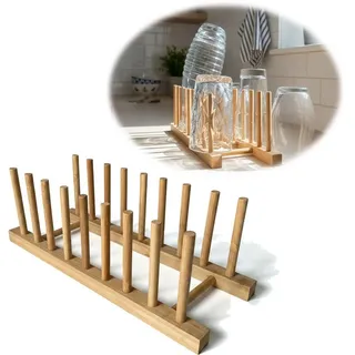 LS-LebenStil Trockenständer Holz Abtropfgestell 34cm Bambus Abtropfgitter Abtropfständer Geschirrh, Zubehör für Kompatibel mit Soda Stream Glasflaschen Crystal, Geschirrhalter Tellerständer Geschirr Rack Ständer