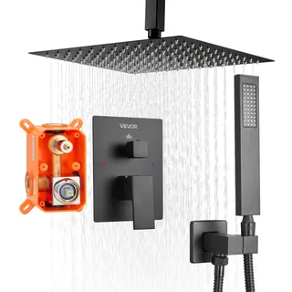 Vevor Duscharmatur Regenduschsystem fürs Badezimmer Duschsystem mit 305 mm quadratischen Regenduschkopf & Handbrause, wandmontierte Badezimmerarmaturen mit Messingventil & Zierset, Mattschwarz