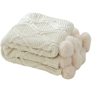Zoomlie Chenille-Strickdecke mit Pompon-Motiv, dekorative Sofadecke, gemütlicher Plüsch, warmer Bezug für Sofa, Couch, Bett, Büro, 130 x 160 cm (weiß (dick), dünn)