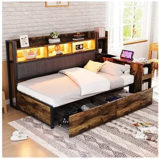 Merax Daybett mit LED-Beleuchtung, Steckdosen & großem Stauraum, Eisenbett (Sofabett Schlafsofa Jugendbett Kinderbett Einzelbett Metallbett, 1 tlg), Tagesbett mit ausziehbarem Schreibtisch, Schubladen & Schließfächern beige