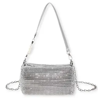 FeiOne Clutch Silber Glitzer Tasche, Damen Handtasche Silber, Brauttasche, Abendtasche, Umhängetasche - 10 x 10 x 1 cm