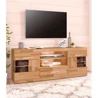 Home Affaire Lowboard »Ribe,140cm breit, Fronten Massivholz,6 Fächer,Kabeldurchführung«, Korpus Holzwerkstoff,Glaseinsatz aus gehärtetem Glas,Böden versetzbar
