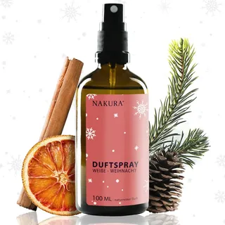 NAKURA® Weihnachtsduft Spray „Weiße Weihnacht“ – 100 ml Bio Raumspray & Lufterfrischer | Natürliches Duftspray Weihnachten mit ätherischen Ölen von Weißtanne, Orange & Zimt – Raumduft ohne Chemie