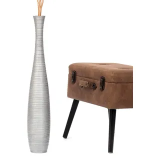 Leewadee Große Hohe Bodenvase 65 cm - Handgefertigte Mangoholz-Bodenvase in Silber für Pampasgras & Trockenblumen