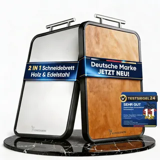 Doppelseitiges Schneidebrett Holz & Edelstahl – 2-in-1 Küchenbrett | Rutschfestes Cutting Board, Groß mit Saftrille & Anti-Slip-Rahmen | Schneidewerk