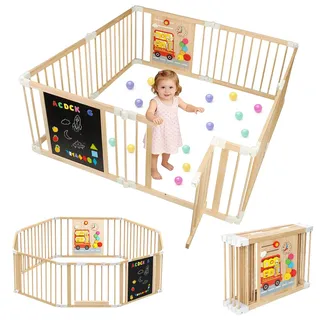 SPYLAVE Laufstall Baby Holz, Faltbares XL Laufgitter mit Tür, Verstellbare Groß & Form, Montessori Aktivitätsspielzeug, Schneller Aufbau, Sicherer Spielbereich für Babys und Kleinkinder (1–3 Jahre)