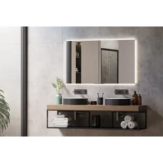 Bernstein LED Einbau-Spiegelschrank UP7012 120 cm aus Aluminium mit dimmbarer LED-Beleuchtung, Sensorschalter, Doppelsteckdose und verspiegelten Türen zur Unterputzmontage
