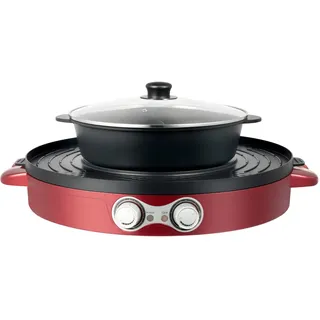 2-in-1 Elektrischer Hotpot & Grill, 2200 W Leistungsstarker Fondue-Topf mit Antihaftbeschichtung, Unabhängige Stufenlose Temperaturregelung, Großes Fassungsvermögen (Rot)