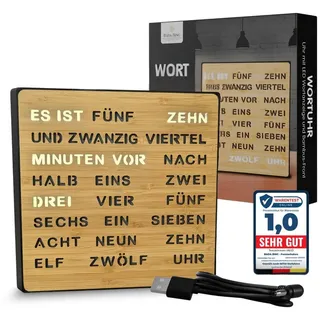Bada Bing Uhr LED Wortuhr Tischuhr Wanduhr Uhr mit USB Kabel (Bambus Holzfront, LED Beleuchtung, Zeitanzeige in Worten) beige