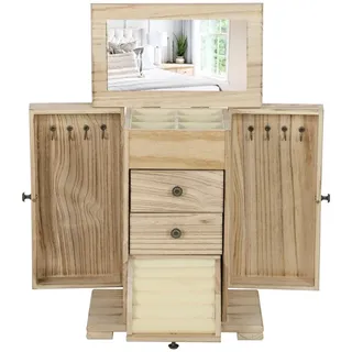Schmuckbox, Schmuckschatulle, 4-stufiges Layout, Integrierter Spiegel, Holz, Braun