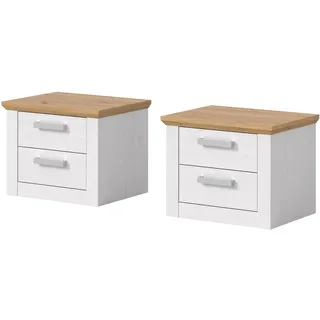 NACHTTISCH 2er Set weiß Lärche, Eiche Artisan Landhaus 56 x 43 cm, 2x Nachtkommode mit Schubkästen