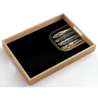 OnlyWow Tablett Rechteckig mit Henkel Sardinen - Dose - Schwarz - Fisch, Eichenholz, (1-tlg), Servierbrett Groß, Tischdeko, Platte, Tisch Deko 50 cm x 35 cm x 5 cm