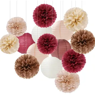 Burgunderrotbraune Champagner-Party-Dekorationen, Papierblumen, Laternen – 15 Stück, Herbst-Boho-Tissue-Pompons, Luftschlangen, rustikale Babyparty, neutrale Hochzeit, Geburtstag, Dekoration Hugfond