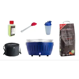 LotusGrill XL Starter-Set 1x XL Grill, 1x Buchenholzkohle 2,5 kg, 1x Brennpaste 200ml, 1x Marinierpinsel Mandarinenorange, 1x Dressingshaker, 1x Transport-Tasche XL (Tiefblau)