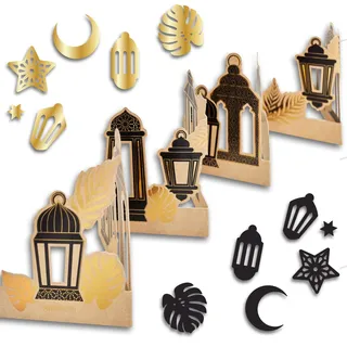 Papierdrachen Ramadan Tischdekoration - Tischgirlande zum Aufstellen - mit edlem Motiv Laternen schwarz Gold und inklusive Tischkonfetti - goldfoliert - Eid Mubarak - Zuckerfest