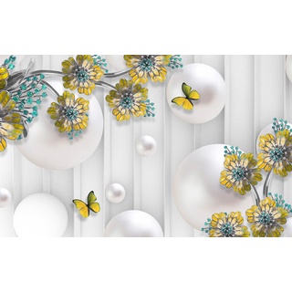 PAPERMOON Fototapete "Abstrakt 3D Effekt mit Blumen und Schmetterlingen" Tapeten Gr. B/L: 4,00 m x 2,60 m, Bahnen: 8 St., bunt Fototapeten