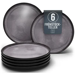 PURE LIVING INTERIOR DESIGN Geschirr-Set Ibiza Dessertteller, Frühstückteller, 6er-Set, 20 cm, Grau (6-tlg), 6 Personen, Steingut grau|schwarz