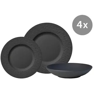 Villeroy & Boch Frühstücksteller Set Manufacture Rock Speiseteller, Frühstücksteller, Schale, 12-tlg., 4-teiliges Frühstücksset, Geschirrset, für 4 Personen, Ø27cm, schwarz schwarz