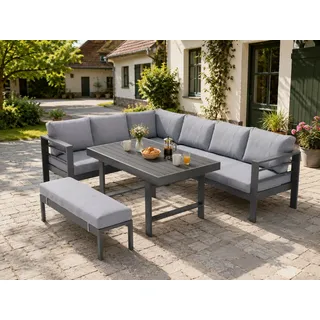MeXo Gartenlounge-Set Aluminium Gartenmöbel Eck, (L-Form Sofa links, 5-tlg., XXL Terrassenmöbel Set mit Esstisch), Lounge Gartenmöbelset für 6-8 Personen grau