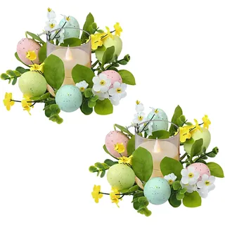Kerzenring Osterkranz Osterdeko Kerzenkranz für Stabkerzen Osterkerzenringe Kränze Ostereier Kerzenringe Osterkerzenkranz Künstliche Blumenkränze Kerzenkränze Osterkerzenring Ostern Tischdeko (2PCS A)