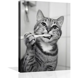 OWNANRTHM Leinwandbild mit Katzenmotiv, lustiges Tier, Badezimmer, Wandkunst, Katze, Zähneputzen, Toilettenmalerei, schwarz-weiß, Tier-Toilettenbilder für Toilette, Wand, gerahmt, 20,3 x 25,4 cm