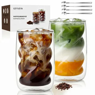 Latte Macchiato Gläser 350ml 2er Set - Thermoglas Doppelwandige mit Löffeln