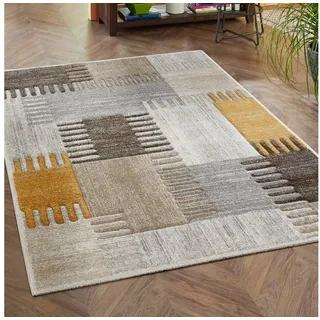 LUXOR living Teppich Toronto, rechteckig, Höhe: 12 mm, Kurzflor, modernes Patchwork-Design, Hoch-Tief Struktur, Wohnzimmer gelb|grau 80 cm x 150 cm x 12 mm