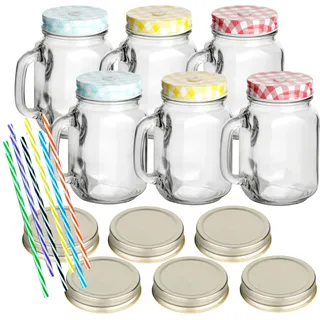 gouveo 6er Set Trinkglas 450 ml mit Henkel und Schraubdeckel (0,45 l) silberfarben + Mix bunt – Henkelglas mit Mehrweg-Trinkhalm aus Hartkunststoff für Bowle, Cocktails (TGH450SGGRBO)