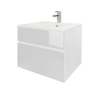 wohnartig® Stella Waschtischunterschrank – Hängend | Weiß | Weiß Hochglanz | 50,5 × 39,3 × 50 cm | Moderner Waschbeckenunterschrank mit Keramikwaschbecken | Waschbecken mit Unterschrank