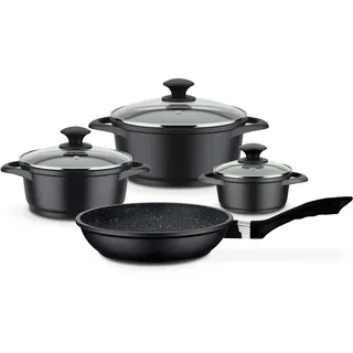 GSW Kochtopf- und Pfannenset Gourmet Granit – hochwertiges Set bestehend aus Töpfen und Pfanne, inkl. Deckel, auch für Induktion und Backofen – Aluguss, 7-teilig, Schwarz