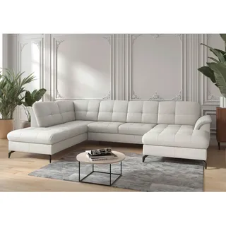 Sit & More Wohnlandschaft Zora E, Weiß, Metall, Kombination Echtleder/Stoff, Nappaleder, 7,5-Sitzer, Ottomane links, U-Form, 319x212 cm, Goldenes M, Made in Europe, DGM-Klimapakt, Schlafen auf Sitzhöhe, Armteil rechts, Wohnzimmer, Sofas & Couches, Wohnlandschaften, Wohnlandschaften in U-Form