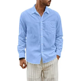 JMIERR Leinenhemd Hemd Herren Leinenhemd Langarm Business Shirts Baumwolle Freizeithemd (als Jacke offen oder Hemd zugeknöpft zu tragen, Leinenhemd) Regular Langarm Kentkragen Uni blau