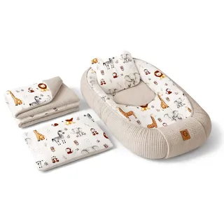 Babynest Nestchen Baby Set für Neugeborene – 5-teilig – Kuschelnest aus 100% Baumwolle & Waffelpique – Babykokon tragbar – für Babybett, Kinderbett & Kinderwagen – OEKO-TEX - ZOO und Sand