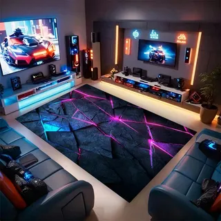 PEIHUODAN 3D Gaming Zimmer Teppich für Jungen | Flanell Kindertappich mit Neon-Gaming Motiv Design | Anti-Rutsch Gamer-Zimmer Dekorative Fußmatten (Purple,160x200cm)