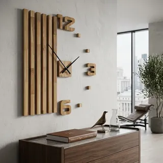 FLEXISTYLE Wanduhr groß Holz Eiche Holzoptik Lamellen große Wanduhren 100 cm Modern Design EKO Wandtattoo Dekoration Uhren für Büro Wohnzimmer Schlafzimmer Dekoartikel (XXL 100cm shwarze Zeiger)