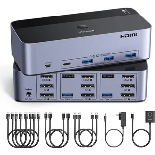 UGREEN HDMI+DP KVM Switch 2 PC 3 Monitore 8K60Hz mit 4 USB 3.0 Ports | 2DP+1HDMI KVM Switch 2 In 3 Out mit 4DP+2HDMI Kabeln; 4 USB 3.0 Ports Jede 5 Gbps Kompatibel mit Windows/Linux