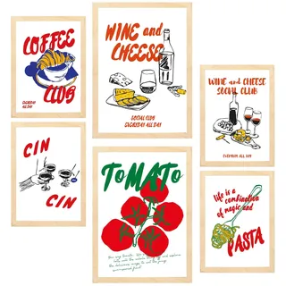 POSTER Set Mit 6 Von Lebensmitteln & Gerichten Im Pop Art A3 & A4 Rahmen Aus Hellem Holz