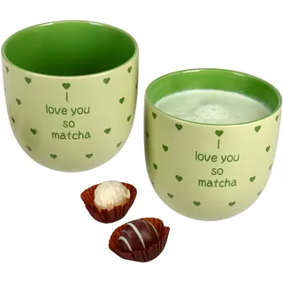 MamboCat 2er Set I Love Matcha Becher | 370 ml | Grüne Steingut-Tassen Ohne Henkel Mit Herzen & Schrift | Für 2 Personen | Für Matcha-Tee, Latte, Smoothie & Co