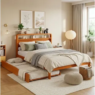 MODFU Holzbett Funktionsbett mit ausziehbarem Gästebett 90x190 cm, Gästebett (140x200 cm runder Kopfteilgestaltung und praktischer, 2-in-1 Schlaflösung für Zuhause), Jugendbett, Inklusive Matratze beige