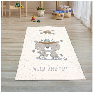 Kinderteppich Kinderzimmer-Teppich flauschig süßer Bär in creme braun, Teppich-Traum, rechteckig, Allergiker-freundlich, Rückseite durch „Canvas“ geschützt weiß 80 cm x 150 cm